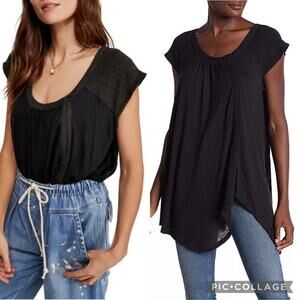 Free People Keep It Casual Oversized Boho Asymmetric Hem Tee In Black Size M